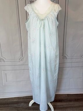 Vintage 80s Stardust Cottagecore Boho Blue Floral Lace Maxi Nightgown Size L USA